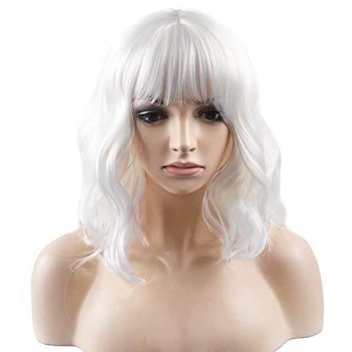 BERON 14 Inches White Wig Short Curly Wig Women Girl's Synthetic Wig White Wig with Bangs Wig Cap Included - White