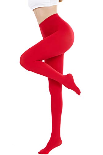 CozyWow Run Resistant 80D Soft Solid Color Semi Opaque Footed Tights High Waist - Large-X-Large - Red