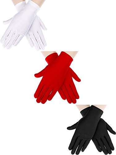 Sumind 3 Pairs Wrist Length Gloves Women Short Satin Gloves Opera Short Gloves for 1920s Wedding Party - Black 2, White 2, Red 2
