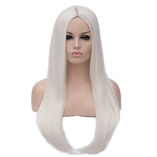 Cying Lin 26" Long Straight White Wigs Middle Parting Wigs for Women Cosplay Party Halloween Costume Wig Include Wig Cap (White) - White