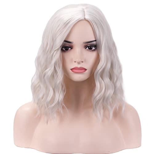 BERON Silver Wig Short Curly Wig Bob Wig Silver White Wigs Women Girls Beach Wave Wigs for Cosplay Costume Party Wig Cap Included - Silver White