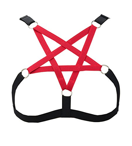 Pentagram Body Harness Bra Women's Fashion Chest Strap Punk Goth Belt Lingerie cage Dance Costume Plus Size - One Size - Black+red
