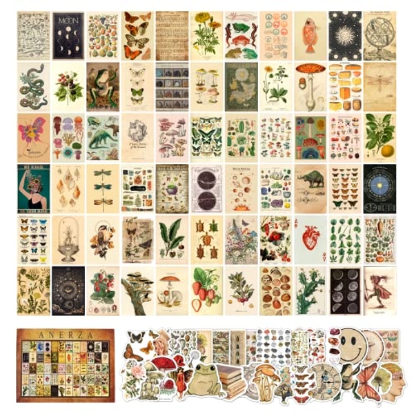 ANERZA 100 PCS Vintage Wall Collage Kit Aesthetic Pictures, Cottagecore Room Decor for Bedroom Posters, Cute Dorm Photo for Teen Girls, Botanical Wall Art