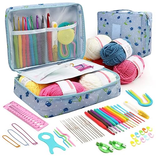 58 PC Crochet Kit for Beginners Knitting & Crochet Supplies,Premium Crocheting Kit Includes 5 Spools Crochet Yarn, 21 Crochet Hooks,6 Needes and 1 Crochet Case, Crochet Kits for Starter Adults Kids - Type 1