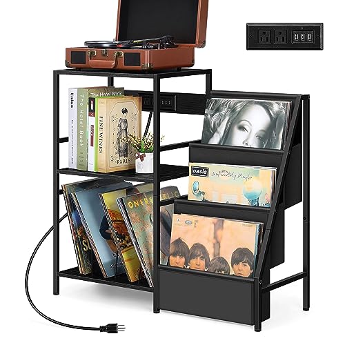 Vinyl Record Player Stand Record Storage Cabinet with Power Outlet Turntable Stand Black Record Table with 3 Tier Album Storage Display Shelves Record Holder Shelf for Living Room Bedroom - Black