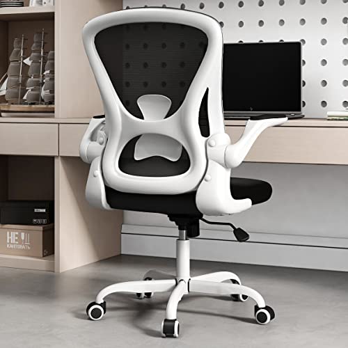 Sytas Office Chair,Ergonomic Home Desk Chair,Comfortable Computer Mesh Task Chair with Flip-up Arms,Lumbar Support and Height Adjustable,White - White