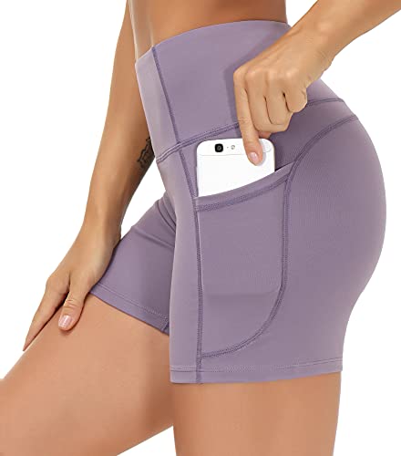 THE GYM PEOPLE High Waist Yoga Shorts for Women's Tummy Control Fitness Athletic Workout Running Shorts with Deep Pockets - Large - Crystal Purple