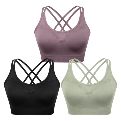 WOYYHO Cross Back Sports Bra for Women Padded Strappy Yoga Bra Medium Support Workout Bra for Athletic Gym Fitness 3 Pack - Large - 3pack(black+green+purple)