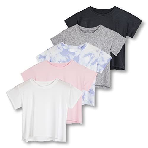 Real Essentials 5 Pack: Women's Dry Fit Crop Top - Short Sleeve Crew Neck Stretch Athletic Tee (Available in Plus Size) - Regular Size - Large - Set 6