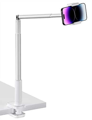 Viozon Phone Holder, Flexible Long Arm,Overhead Mount,360° Angle Adjustable,Aluminum Alloy, C Clamp for Headboard Bedside&Table&Desk,Compatible with 3.5"-6.7" Phone,iPhone 14 Plus/Pro Max W - White