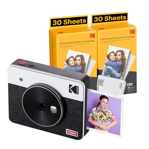 KODAK Mini Shot 3 Retro 4PASS 2-in-1 Instant Digital Camera and Photo Printer (3x3 inches) + 60 Sheets Cartridge Bundle, White - Camera + 68 Sheets - White