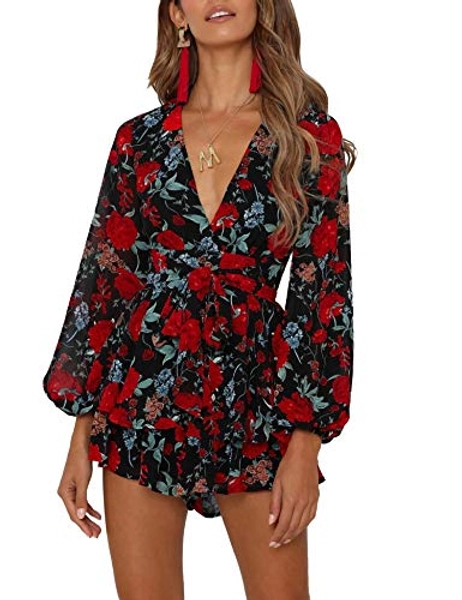 Relipop Women's Romper Floral Print V Neck Baggy Sleeve Waist Tie Layered Ruffle Hem Short Casual Summer Rompers Jumpsuits - Medium - Black Red Floral