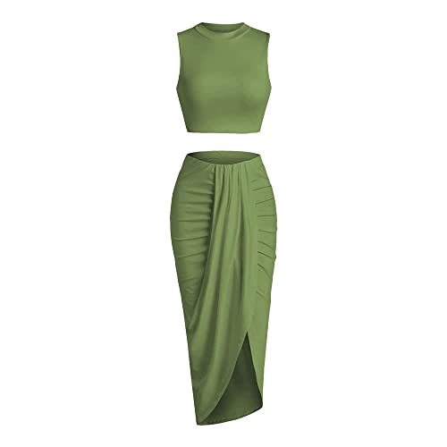 ZAFUL Women's Casual Sleeveless Summer Two Piece Outfits Crop Top and Side Split Draped Ruched Maxi Skirt Set Solid Suiting - B-green - Small