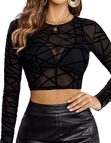 Avidlove Women Mesh Crop Top Long Sleeve See Through Shirt Sheer Blouse O Neck Clubwear S-4XL - Ab-pattern 7 - Medium