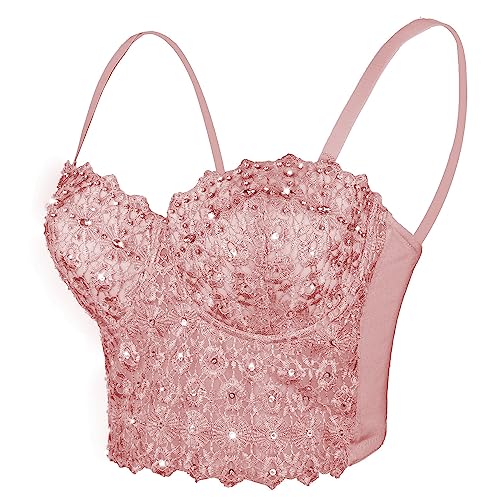 ELLACCI Women's Natural Reigning Lace Rhinestone Bustier Crop Top Sexy Mesh Corset Top Bra - Medium - Pink