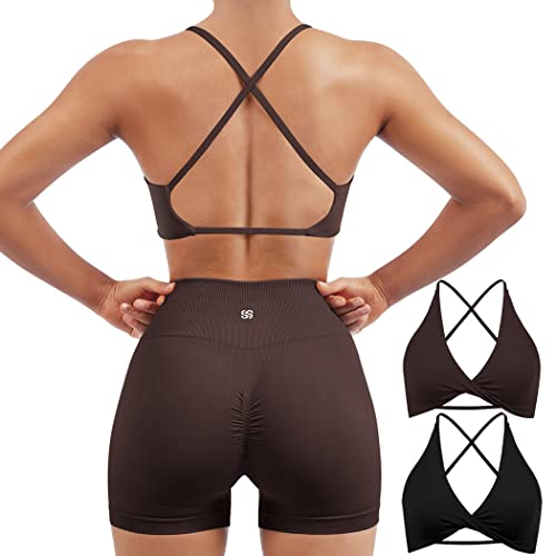 SUUKSESS Women 2 Piece Open Back Strappy Sports Bra Pack Twist V Neck Workout Crops - Medium - #2 Dark Brown & Black