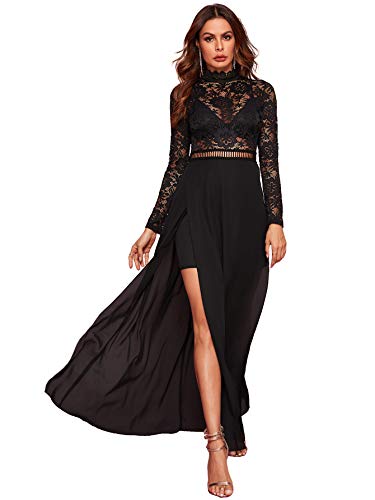 SweatyRocks Women's Sexy Sheer Lace Long Sleeve Split Maxi Cocktail Long Party Dresses - Medium - Black