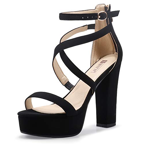 IDIFU Women's Platform Chunky High Heels Dress Sandals Open Toe Ankle Strap Strappy Wedding Bridal Party Dance Shoes for Women Bride - 7.5 Black Nubuck