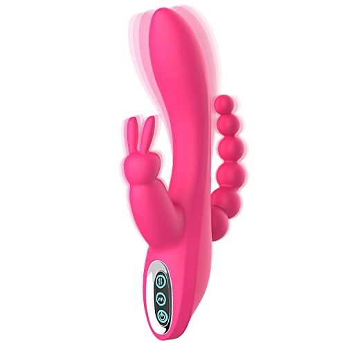 G Spot Rabbit Vibrator for Women Clitoris Stimulation with 7 Powerful Vibrations, Adorime Rechargeable 3 in 1 Clit Anal Stimulating Dildo Massager with Quiet Dual Motors for Couples or Solo Sex - Pink