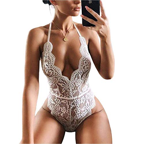 Dlsave Womens Sexy Lingerie Deep V-Neck Lace Bodysuit Bridal Naugthy Teddy Lingerie Body Suits Tops Outfits - White - Small