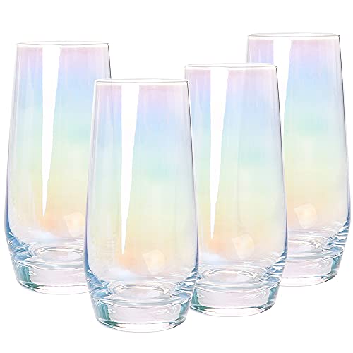 Swetwiny Colorful Highball Glasses, 18.5 Ounce Iridescent Glassware Set of 4 Lead-Free Crystal Glassware Drinking Glasses Set for Mixed Drinks, Water, Juice, Beer, Cocktail