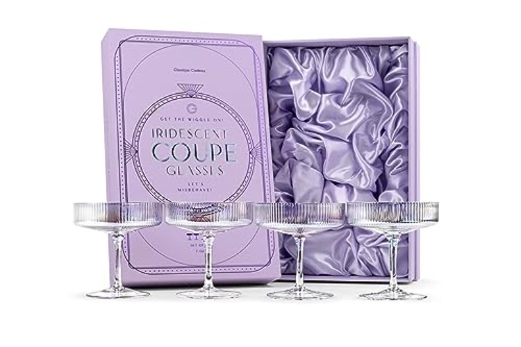 Vintage Art Deco Iridescent Coupe Glasses | Set of 4 | 7 oz Rainbow Colored Cocktail Glassware for Drinking Champagne, Martini, Cosmopolitan| Crystal Speakeasy Style Colorful Saucers