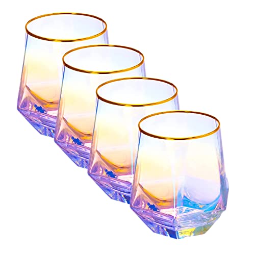 YUHANOER Wine Glasses Set Of 4,Diamond Stemless Wine Glasses - Iridescent Glassware with Gold Rim, for Spirits,Cocktails,Whisky,Bourbon or Drinking Glasses,wine gifts - 4pcs colorful
