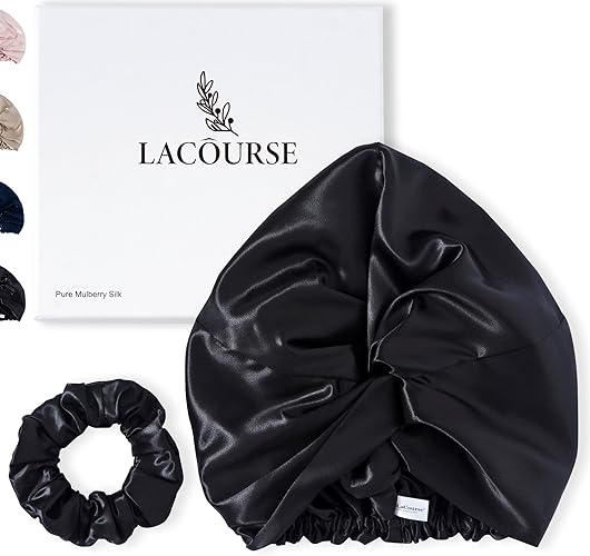 LaCourse 100% Genuine 22Momme Silk Bonnet for Sleeping, Double-Layered Mulberry Silk Hair Wrap with Premium Elastic Stay on Head. (One Size, Black) - Black