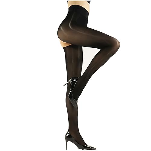 HTRUIYATY 5D Shiny Tights Control Top Sheer Pantyhose Non Slip Silk Stocking for Women - One Size - Black Crotchless