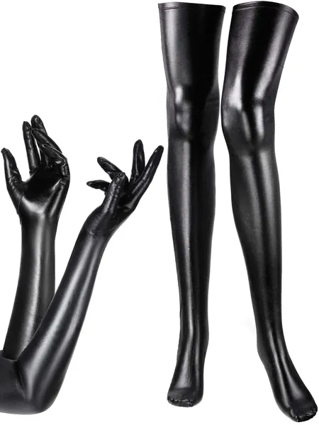 Women's Costume Set Elastic Spandex Shiny Wet Long Gloves and Wet Look Thigh High Stockings - Black