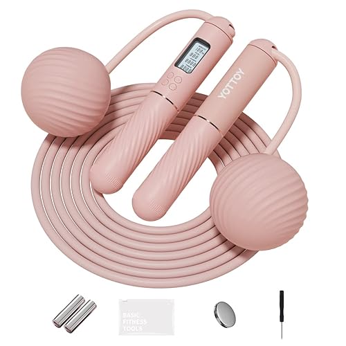 YOTTOY Cordless Jump Rope with Counter - Ropeless Jump Rope 2 In 1 with Large Cordless Ball-Weighted Jump Rope for Women with LCD Display - pink with block