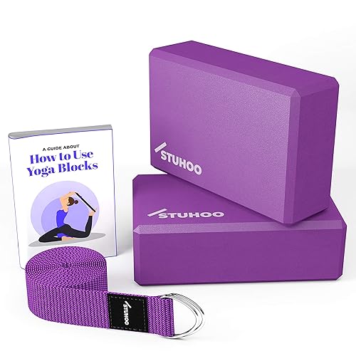 STUHOO Yoga Blocks 2 pack and Yoga Strap Includes Descriptive E-book for Beginners Sturdy Yoga Brick & Lightweight Eva Foam Block Support Deepen Poses, Provides Strength & Stability for Pilates Practice - Purple