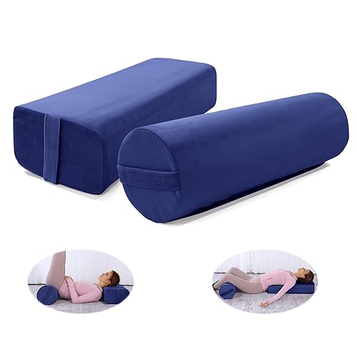 MABOZOO Yoga Bolster Set, Velvet Cover High Density Foam Pillows for Restorative Yoga and Meditation, Rectangular and Cylinder Bolster Pillow Meditation Cushion Pillow For Women Leg - Blue
