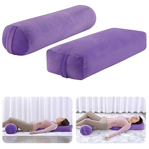 ROYALAY 2 Pcs Yoga Bolster Pillow for Restorative Yoga, Rectangular and Cylinder Meditation Pillow Set with Carrying Handles, Supportive Cushion for Exercise Workout Stretching Meditation,Purple - Purple