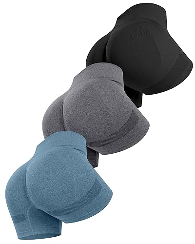 ATHVOTAR 3 Piece Workout Shorts Women Seamless Scrunch Butt Lifting High Waisted Gym Booty Shorts - Large - Black/Gray/Blue