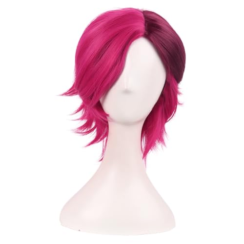 MapofBeauty 14 Inch/35 cm Cosplay Anime Short Synthetic Layered Bob Wavy Wigs Curly Hair for Party (Hot Pink/Purple Red) - Hot Pink/Purple-red