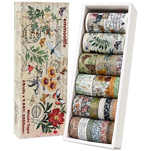 24 Rolls Vintage Washi Tape Set, Floral Letter Butterfly Mushroom Botanical Flower Writable Decorative Tapes for Scrapbooking , Junk Journal supplies, Bullet Journaling 5-75mm Wide 9.84ft long/Roll - Natural