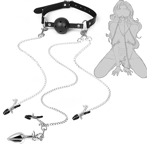 itfmypn Sex Bondage BDSM Bondaged Restraints Set Sex Toy with Breathable Ball Gag Nipple Clamp Clitoris Clip & Analplug Included Adults SM Games Sex Toys for Couples