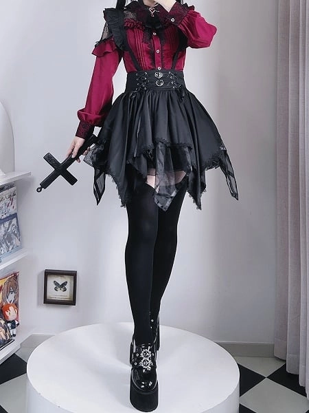 [$39.00]Jirai Kei Black High Waist Handkerchief Hem Tiered Skirt Landmine Style Overall Dress