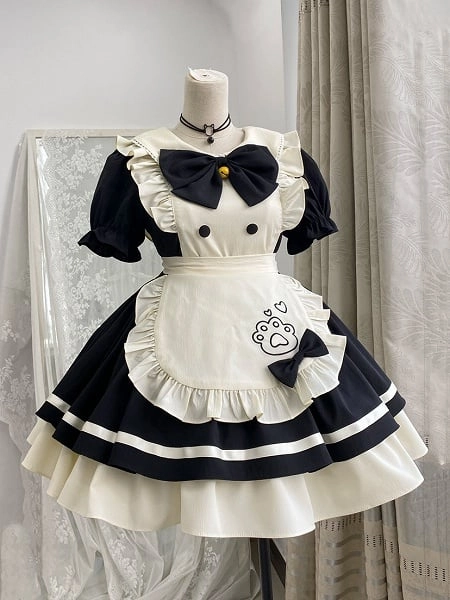 [$31.00]Black and White Sweet Maid Lolita Kitty Paw Embroidery Apron Dress
