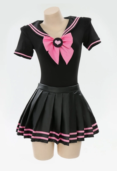 Sexy Black and Pink Set Cute Sailor Collar Bodysuit with Short Skirt and Bow