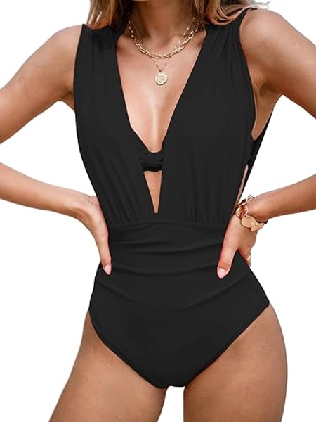 CUPSHE Damen Badeanzug Tiefer V Ausschnitt Raffung Bauchweg Neckholder Push Up Knoten Bikini Oberteil Elegant Dreiteiliger Badeanzug Swimsuit