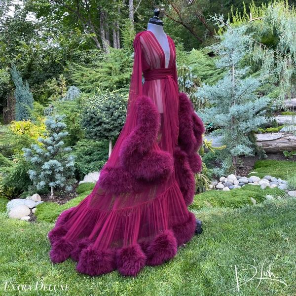 "Cassandra" Merlot Marabou Dressing Gown - Catherine D’Lish