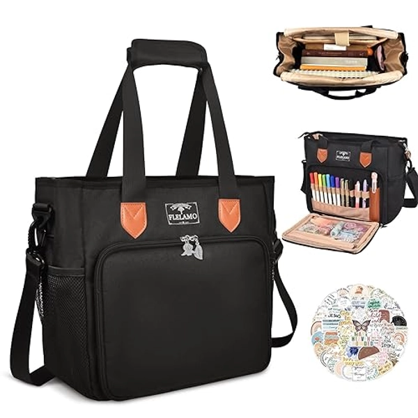 Bible Bags for Women, Large Bible Bag w/Shoulder Strap, Bible Cover Case for Women, Bible Tote Bag with 50 Pcs Sticker, Bible Cover Bag Teacher Tote Bag for Church, Travel, Gift-Black