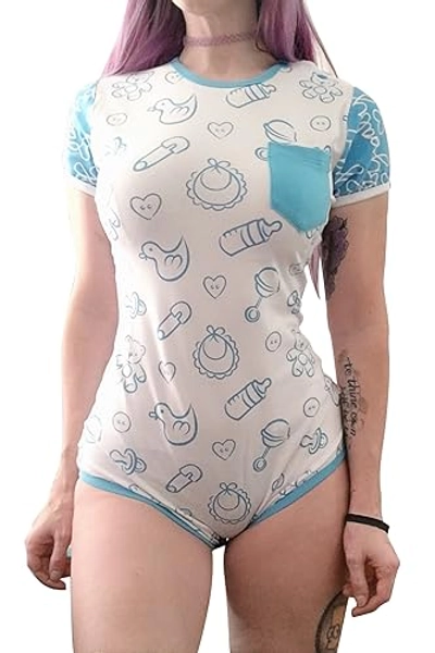 Littleforbig Adult Baby & Diaper Lover (ADBL) Button Crotch Romper Onesie - Nursery Blue/Pink Onesie