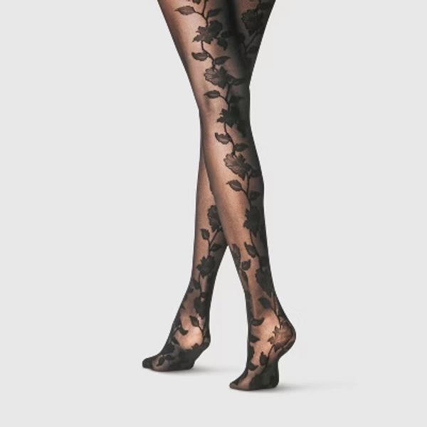 Women's Plus Size Floral Back Tights - A New Day⢠Black 1X-2X: Sheer High Waisted Hosiery, Tagless, Closed Toe, Knit