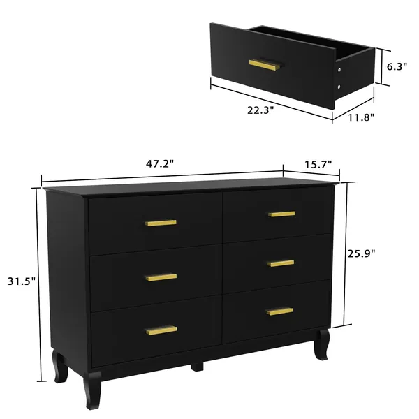 Timechee 6 Drawer 47.2''W Double Dresser Solid Wood Legs Lacquer Chest