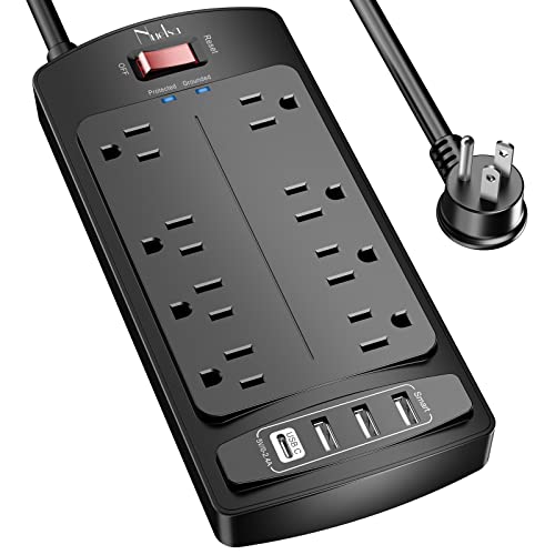 Surge Protector Power Strip - Nuetsa Flat Plug Extension Cord with 8 Outlets and 4 USB Ports, 6 Feet Power Cord (1625W/13A), 2700 Joules, ETL Listed, Black - 6 Feet