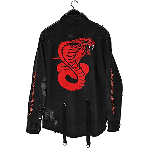 Seidarise Men's black denim jacket Jean Hip Hop Oversized Cropped Street wear Coat - Large - Snake