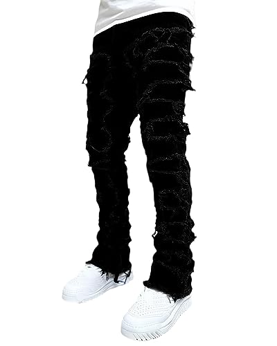 Stacked Jeans Men Skinny Ripped Jeans Slim Fit Patchwork Denim Pants Y2K Goth Harajuku Emo Hip Hop Jeans Trouser - Black - Large